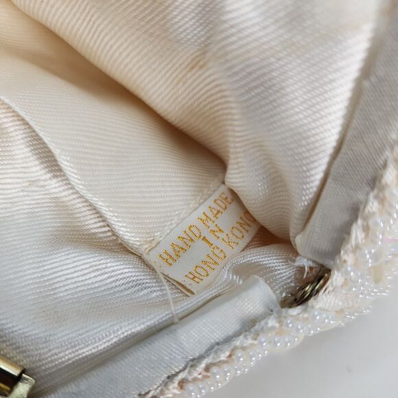Vtg Handmade White Pearl Bead Sequin Clutch Evening Bag Gold Chain Clasp - Picture 5 of 16